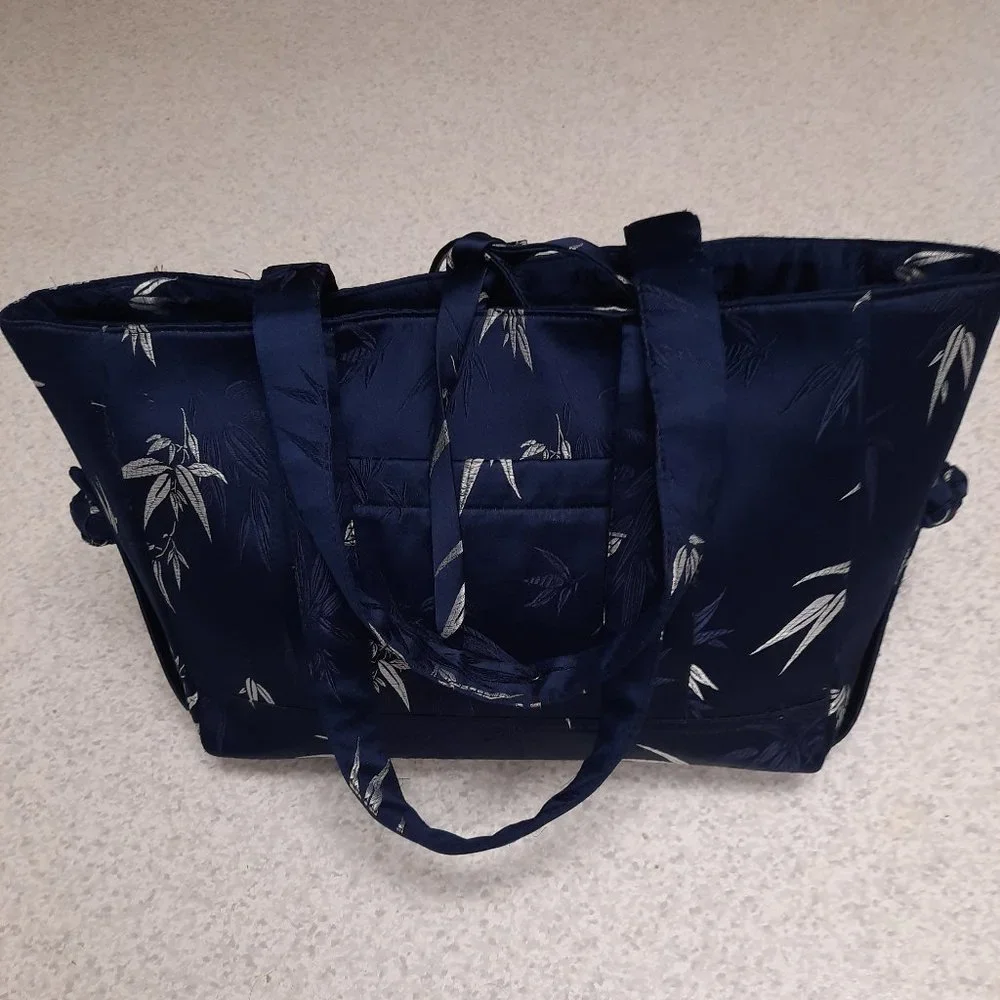 Oriental Design Navy Satin Fabric Tote - Picture 1 of 5